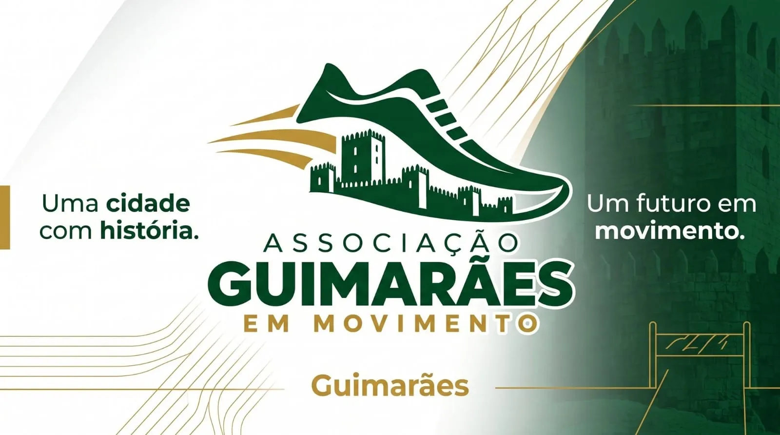 Logótipo da Associação Guimarães em Movimento, uma sapatilha com o castelo de Guimarães, entre as frases "Uma cidade com história." e "Um futuro em movimento."