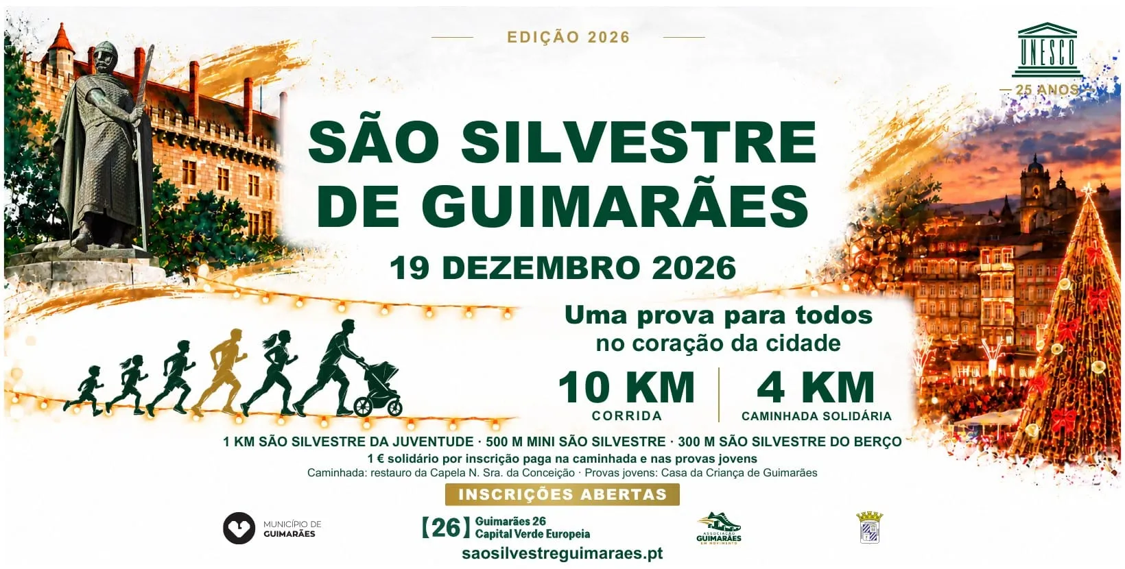Cartaz da São Silvestre de Guimarães 2026, com a estátua de D. Afonso Henriques, o Paço dos Duques e o centro histórico iluminado para o Natal.